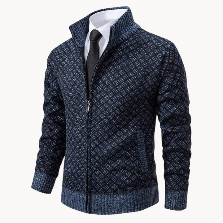 Cómoda chaqueta jacquard para hombre, de punto suave, ideal para un look casual y versátil de invierno.