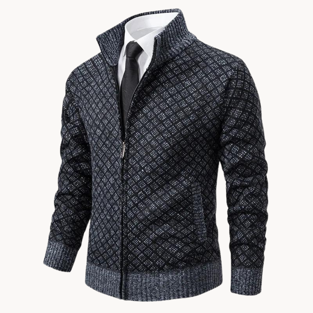 Moda masculina: chaqueta jacquard para hombre con diseño de punto y cremallera, estilo casual-elegante.