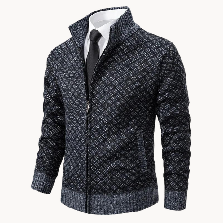 Moda masculina: chaqueta jacquard para hombre con diseño de punto y cremallera, estilo casual-elegante.