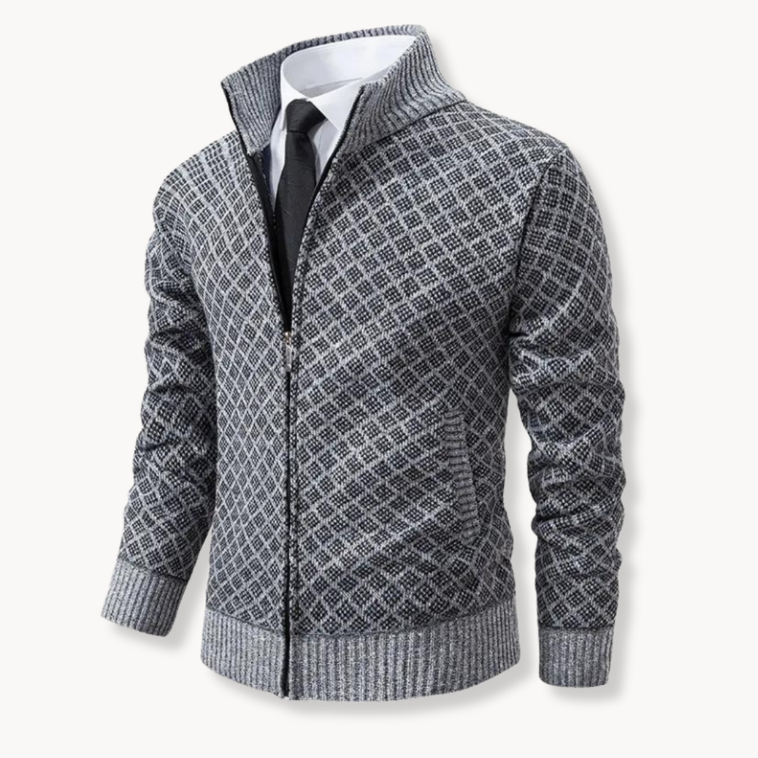 Chaqueta de invierno jacquard para hombre, prenda de punto con cremallera, perfecta para un look moderno.