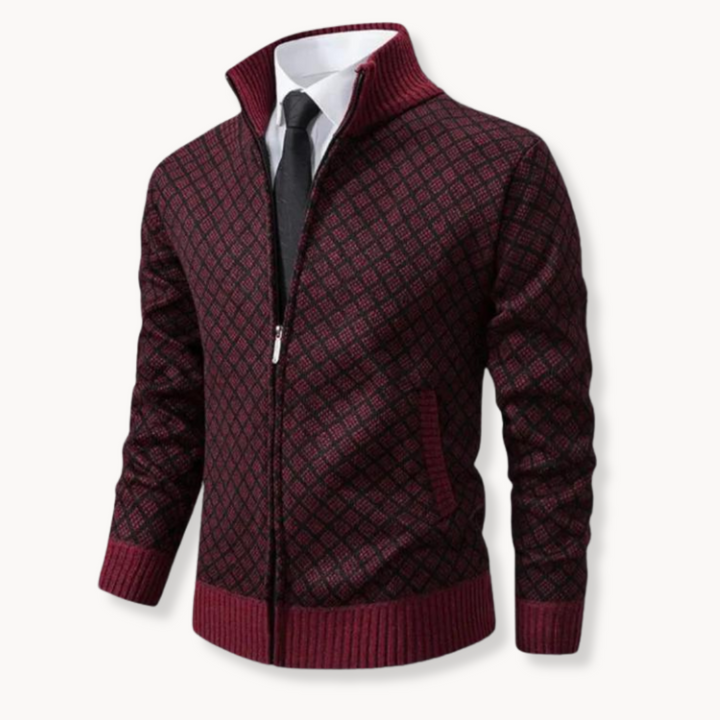 Chaqueta jacquard de hombre, de punto suave con cremallera, ideal para un estilo casual y confortable.