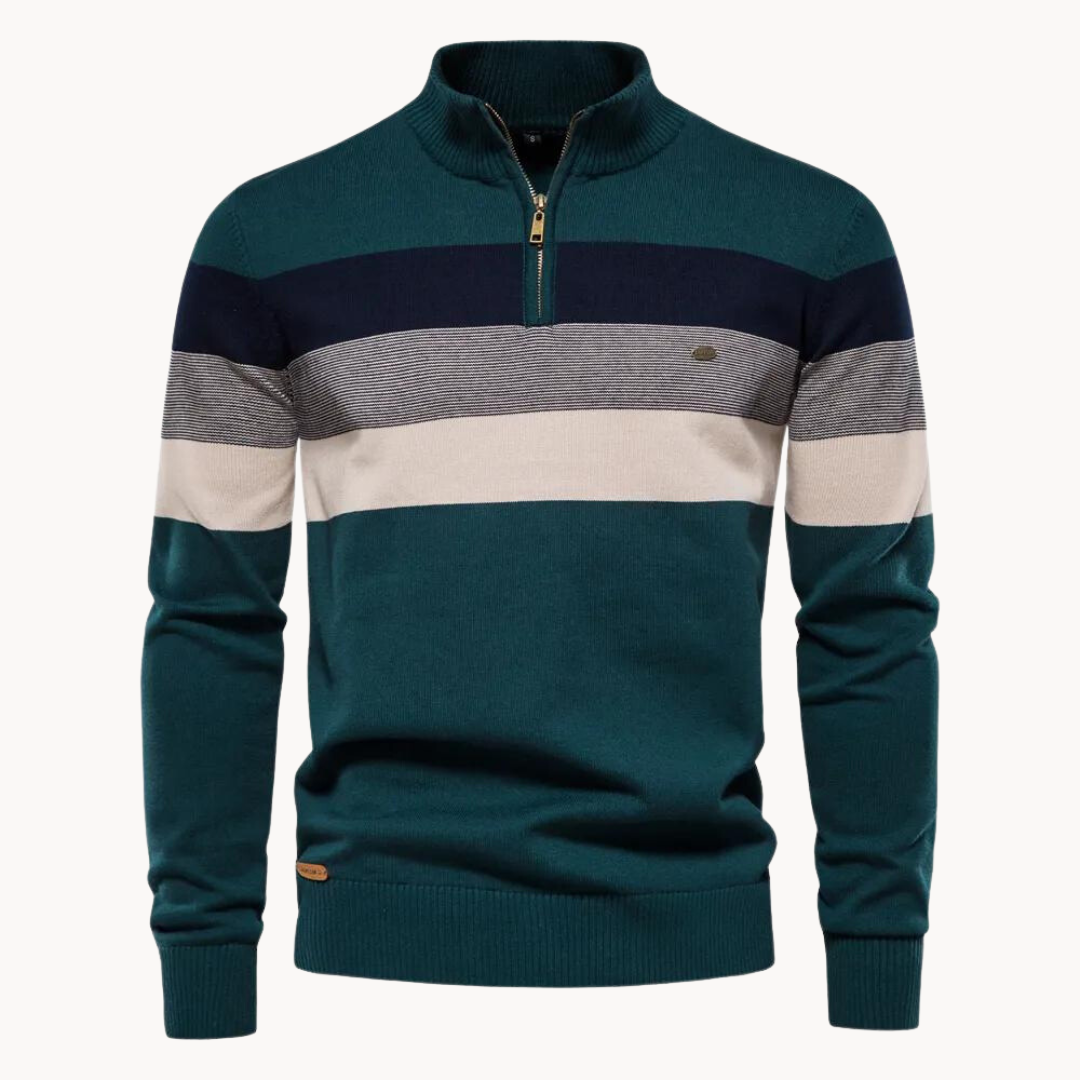 Moda masculina: Jersey de hombre con cremallera corta y rayas. Punto suave para el estilo diario.