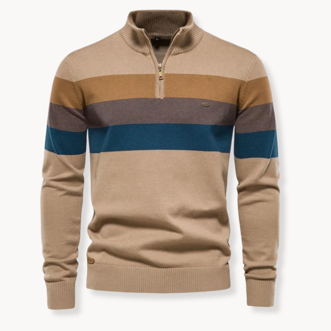 Suéter de hombre a rayas y cremallera, ideal para la comodidad y el estilo en moda masculina invernal.