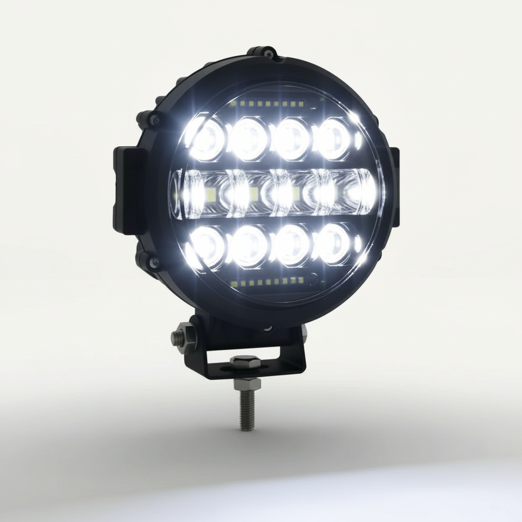 Potente proyector LED de largo alcance para vehículos 4x4, ideal para conducción todoterreno y visión nocturna.