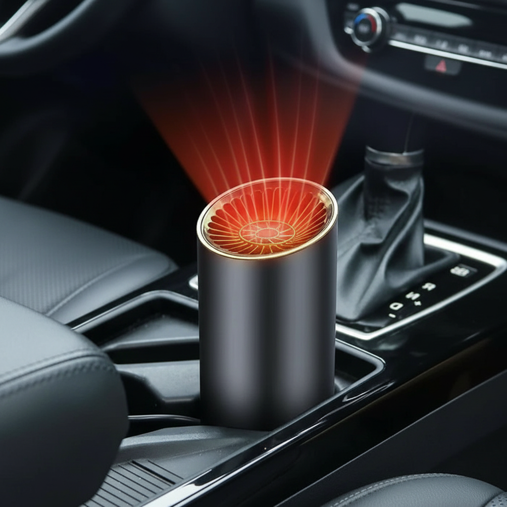 Ventilador y calentador portátil para auto 12V, con giro 360°. Accesorio versátil para invierno y verano.