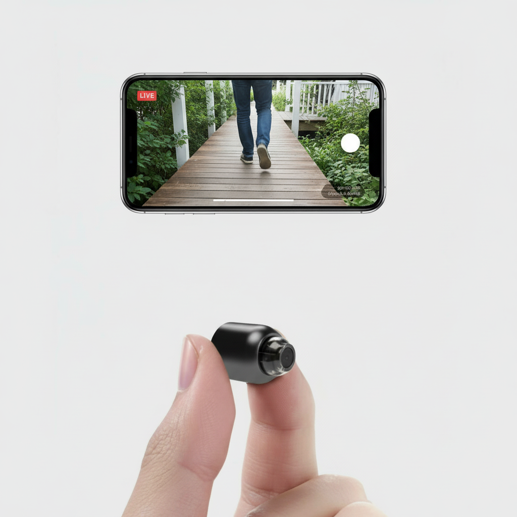 Pequeña cámara de seguridad Wi-Fi inalámbrica para monitoreo discreto con visión nocturna.