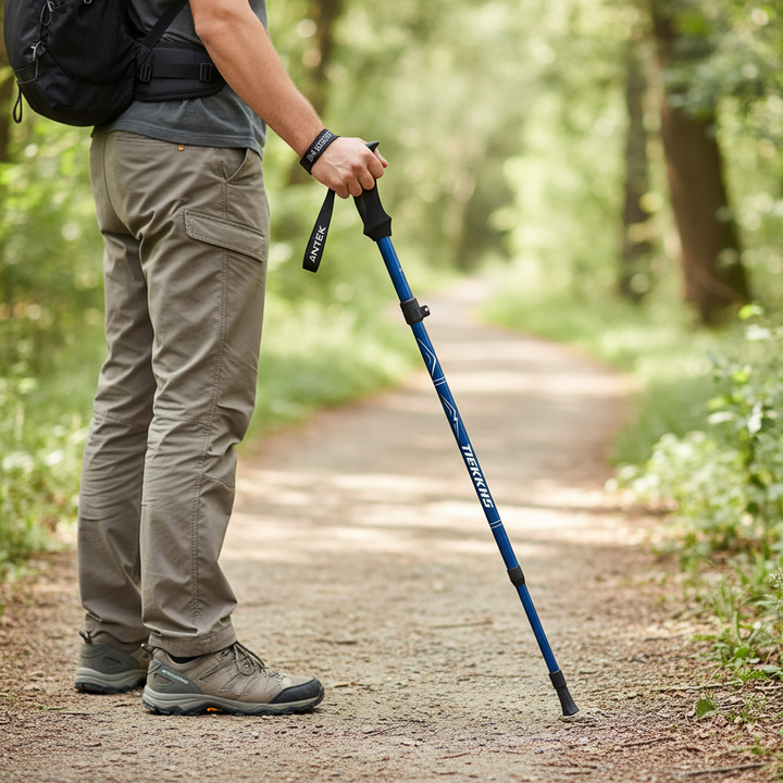 Bastones de trekking para montañismo, proporcionan estabilidad en terrenos difíciles. Indispensables.