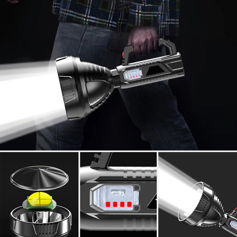 Linterna LED de emergencia recargable, alta potencia y durabilidad para cualquier situación exterior.