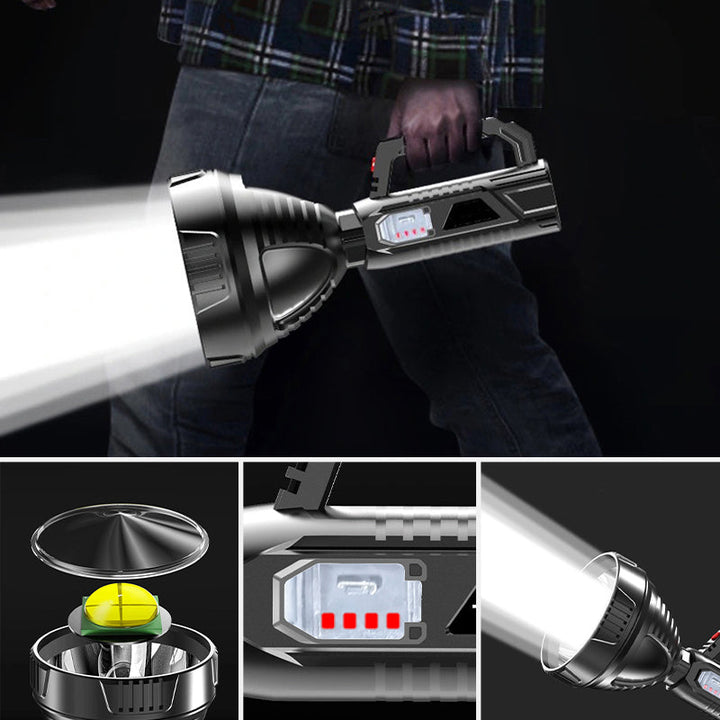 Linterna LED de emergencia recargable, alta potencia y durabilidad para cualquier situación exterior.