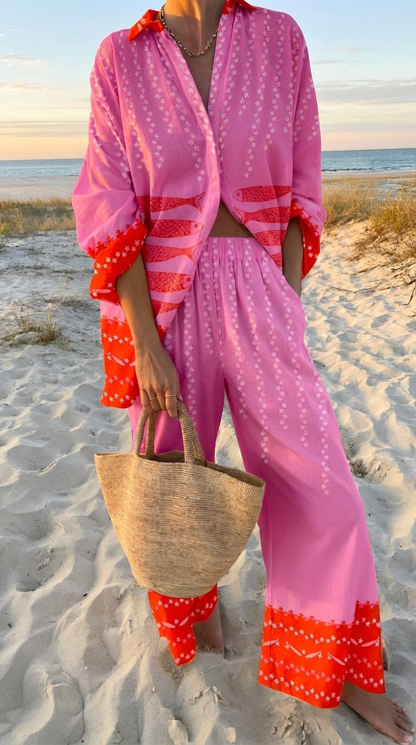 Elegante conjunto de dos piezas para mujer, estampado moderno. Estilo fluido y transpirable, perfecto para moda verano.