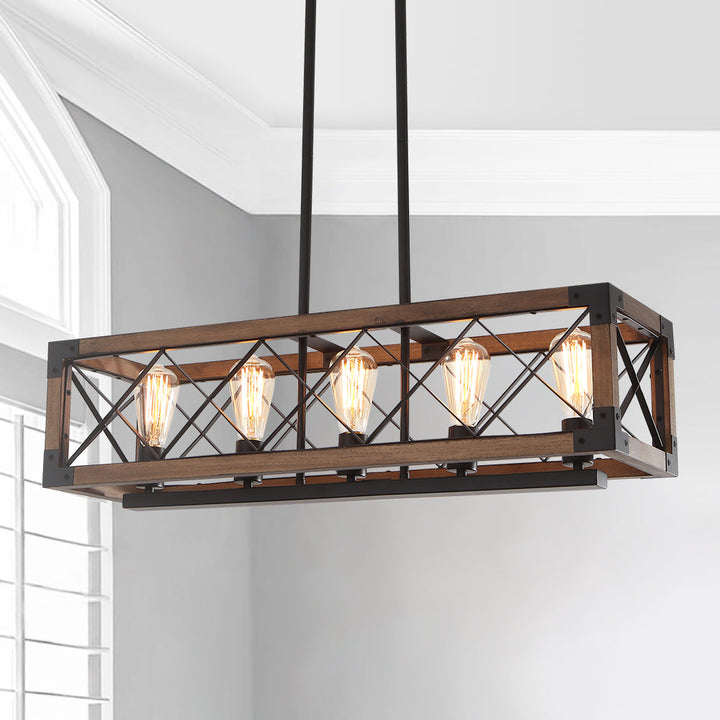 Candelabro rectangular de madera estilo granja con 5 luces para comedor rústico.