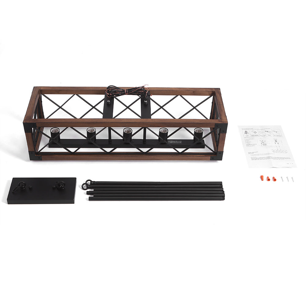 Acento decorativo: candelabro colgante de madera rectangular, 5 luces, para un toque granja.