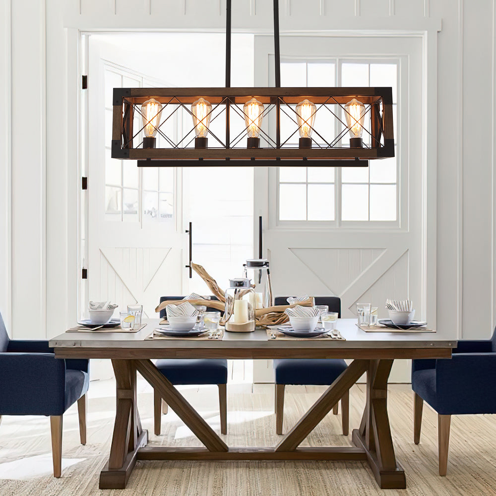 Iluminación colgante de madera maciza, candelabro rústico de 5 luces para cocina o sala.