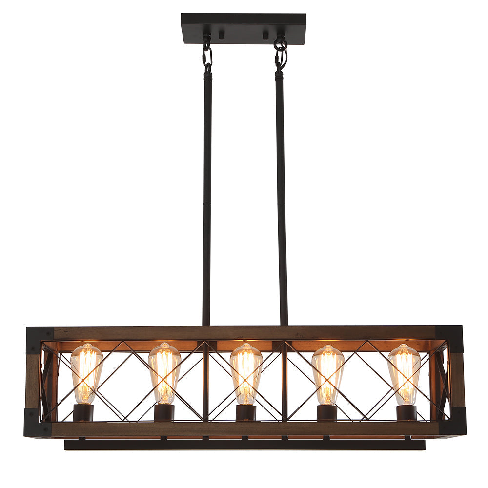 Lámpara colgante rústica de madera, candelabro rectangular con 5 focos para comedor o isla.