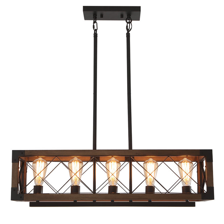 Lámpara colgante rústica de madera, candelabro rectangular con 5 focos para comedor o isla.