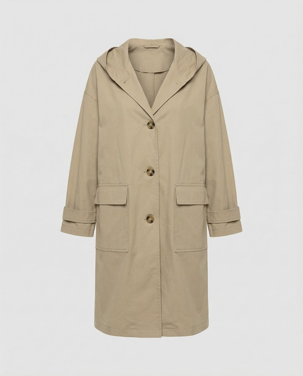 Abrigo largo de mujer con capucha y bolsillos, estilo casual de invierno. Cómodo y moderno.