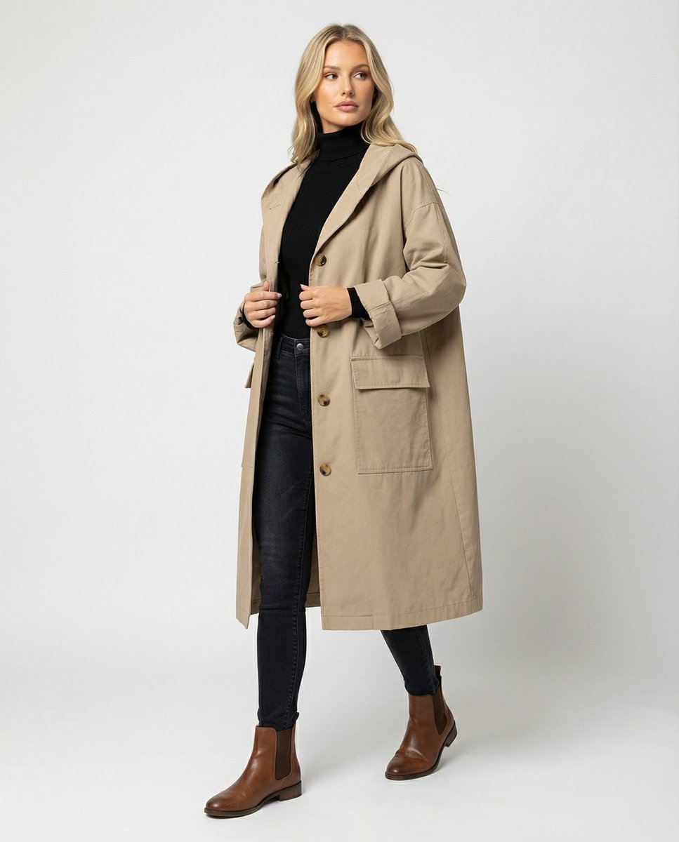 Abrigo largo casual de mujer con capucha y bolsillos, ideal para el invierno y cómodo.