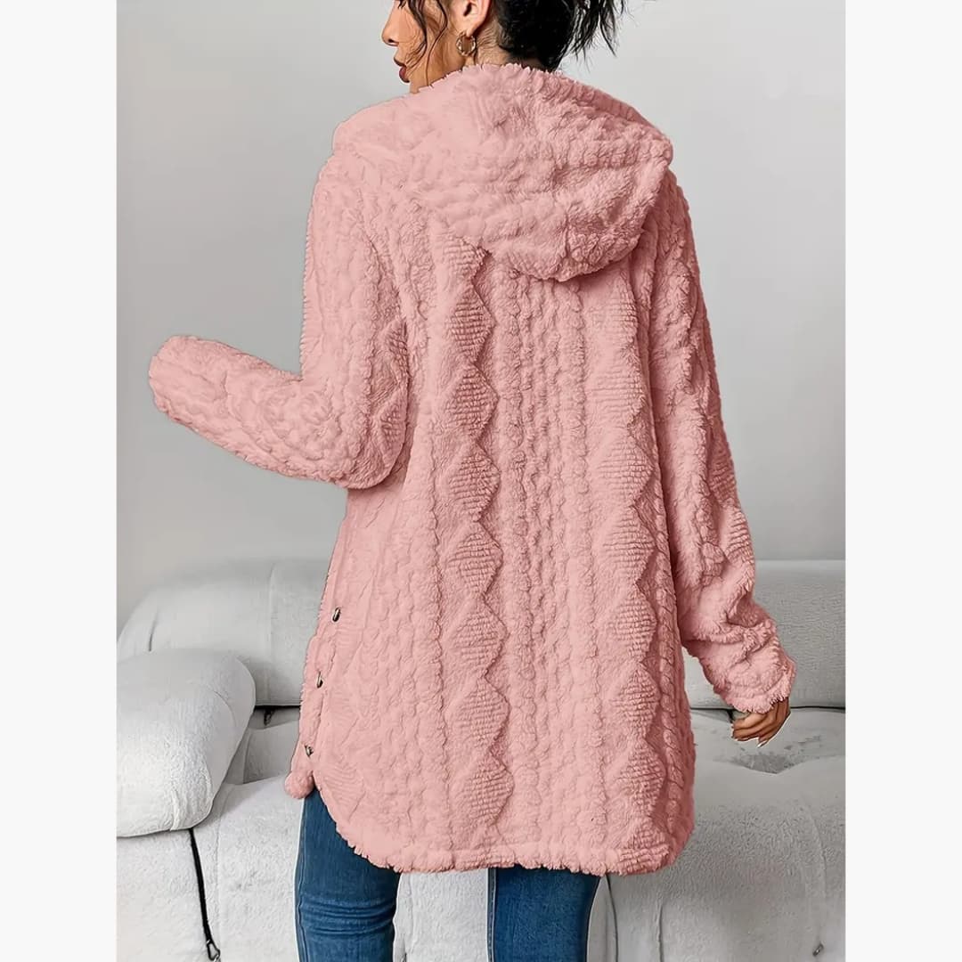 Elegante cárdigan de forro polar para mujer con capucha, perfecto para un look acogedor de otoño.