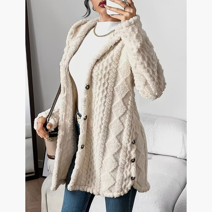 Cárdigan de forro polar cálido con capucha para mujer, ideal para invierno y otoño.