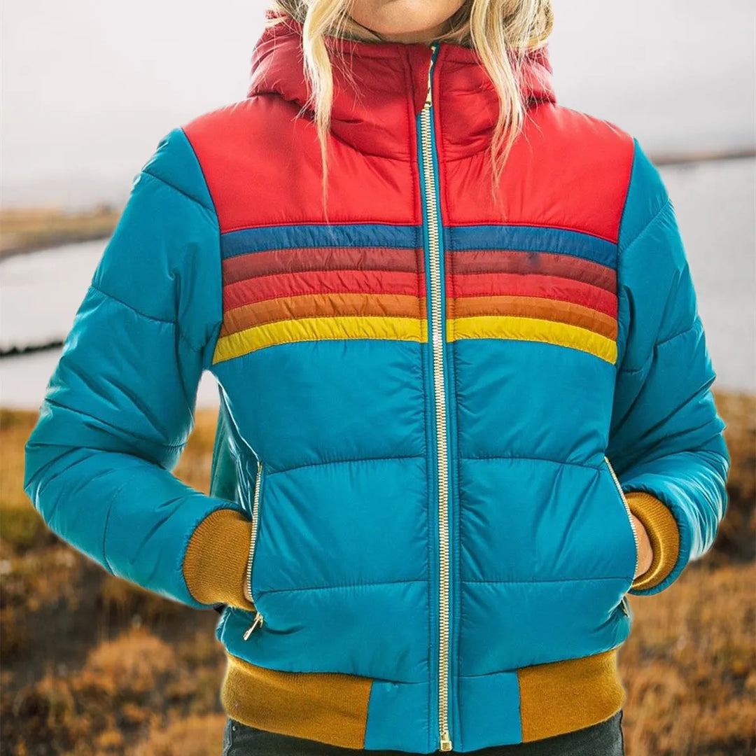 Chaqueta acolchada de mujer, rayas en la capucha, abrigo casual y cálido para temporadas frías.