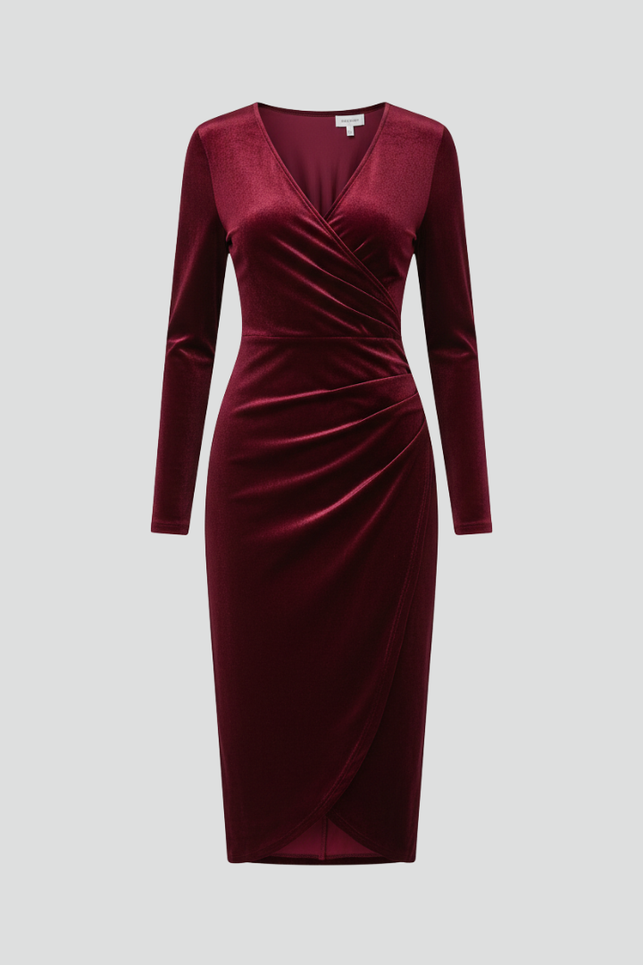 Vestido midi de terciopelo, corte envolvente y manga larga para mujer. Perfecto para fiestas elegantes y frío invierno.