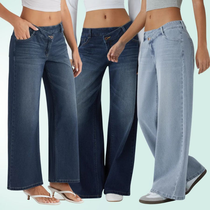 Vaqueros mujer tiro bajo asimétricos elásticos. Pierna ancha, azul denim. Estilo casual y comodidad.