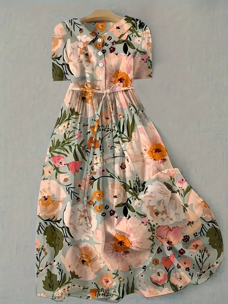 Vestido floral elegante para mujeres, estampado vibrante de verano, manga corta, ideal para ropa casual cómoda y chic.