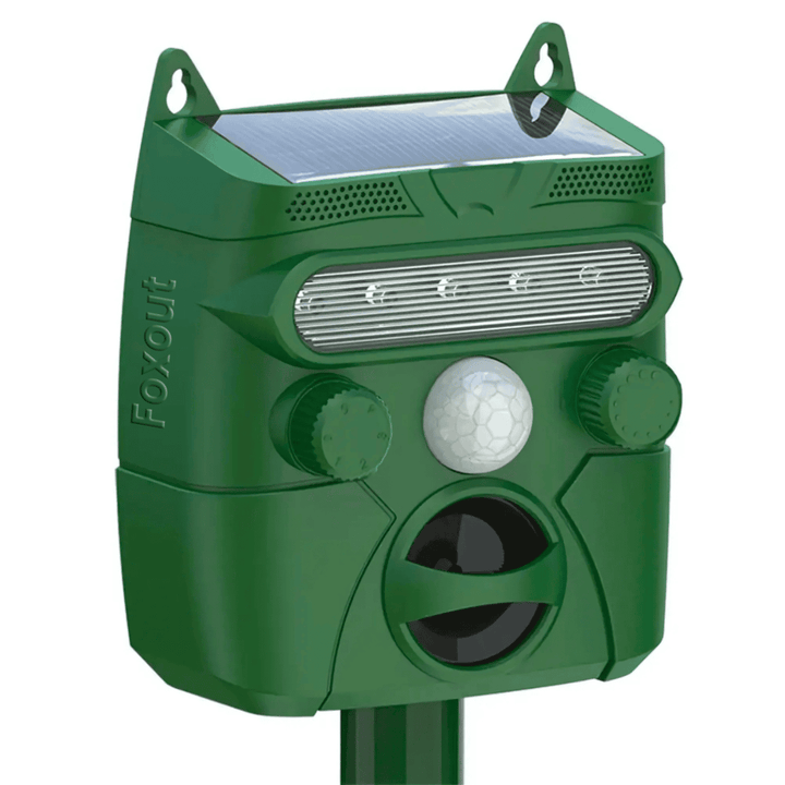 Ahuyentador solar ultrasónico para zorros y coyotes en jardín. Dispositivo antipredadores ecológico con protección IP45.