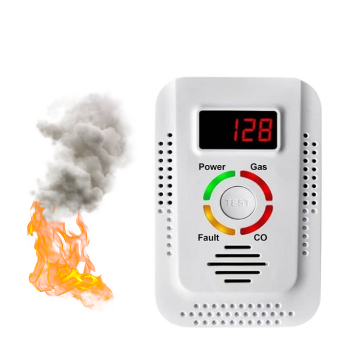 Detector de gas y CO compacto para seguridad del hogar. Alarma visual de monóxido de carbono y fugas.