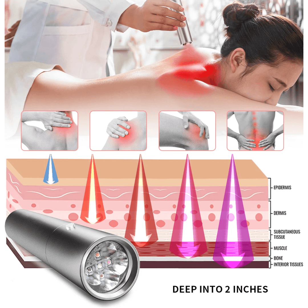 Perro recibiendo terapia de luz infrarroja y roja con dispositivo portátil para alivio y bienestar articular.