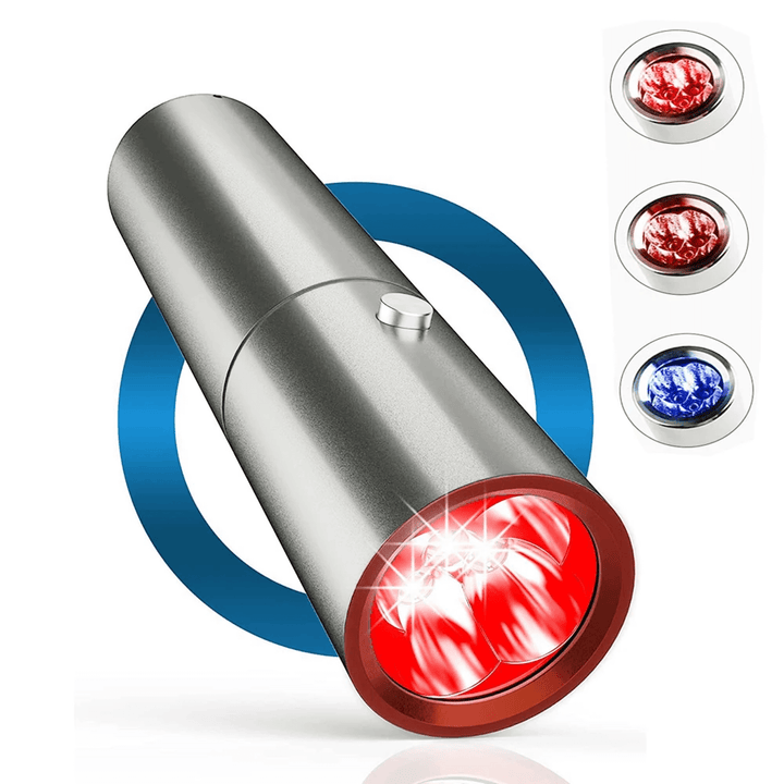 Dispositivo portátil de terapia de luz LED azul, roja e infrarroja para alivio muscular y piel sana.