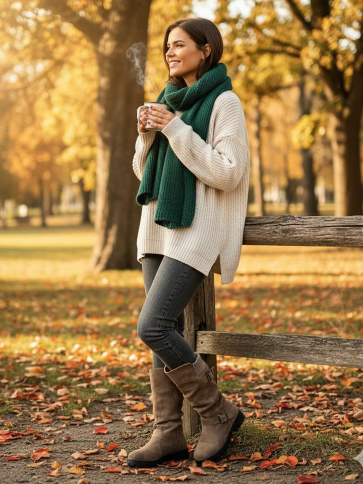 Botas de media caña para mujer, tono neutro, puño de punto texturizado y hebillas, perfectas para estilo invernal.