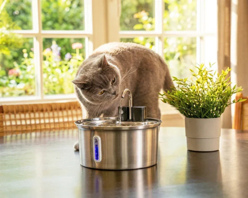 Fuente de agua inalámbrica para gatos, sensor de movimiento, acero inoxidable, 3.2L.