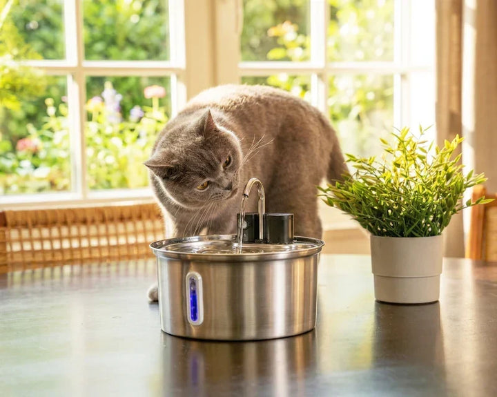 Fuente de agua inalámbrica para gatos, sensor de movimiento, acero inoxidable, 3.2L.
