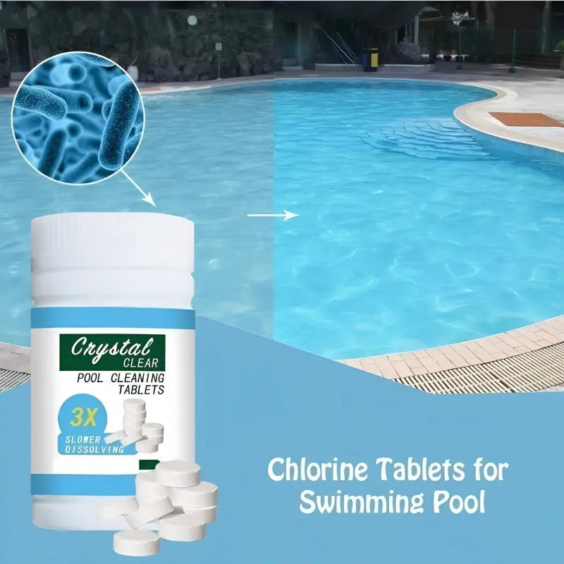 Envase de tabletas de cloro purificador para piscinas, ideal para mantenimiento rápido del agua y prevención de algas.