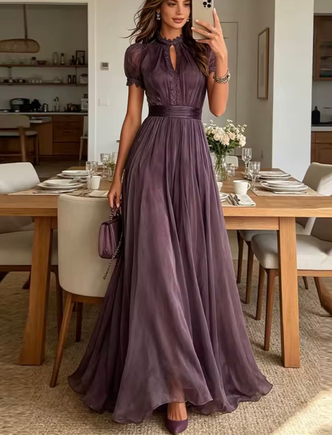 Vestido de chifón fluido para mujer, corte largo y elegante, perfecto para eventos formales o moda fiesta.