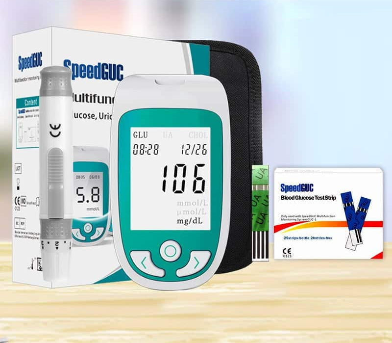 Monitor de salud compacto para mediciones de glucosa, colesterol y ácido úrico. Fácil de llevar.