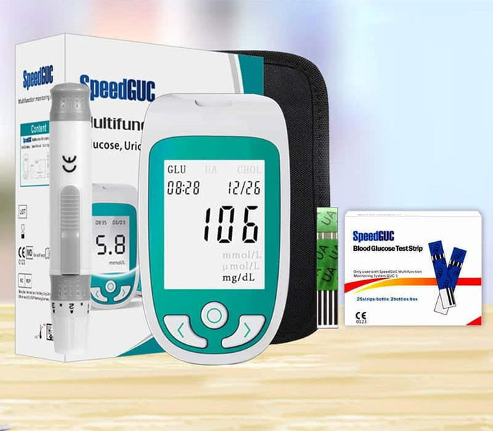 Monitor de salud compacto para mediciones de glucosa, colesterol y ácido úrico. Fácil de llevar.