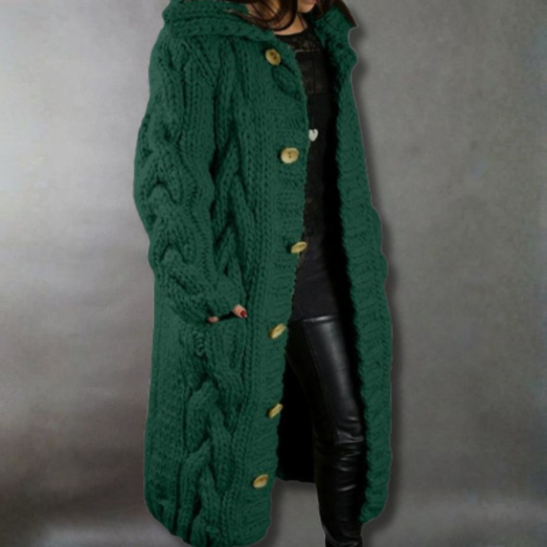 Cárdigan de mujer largo y con capucha, de punto grueso. Cómodo y estiloso para la temporada de invierno.