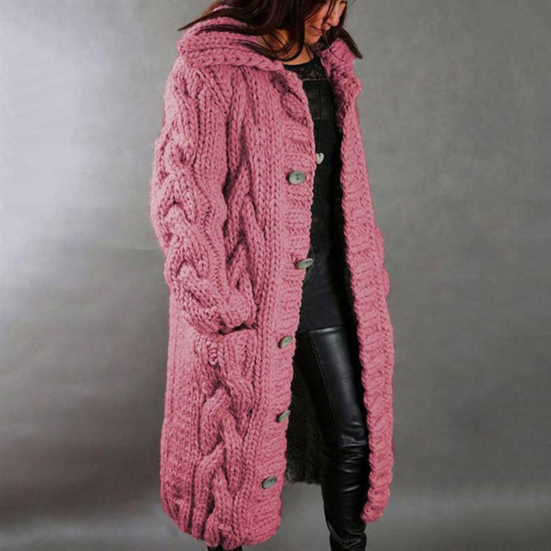 Suave cárdigan de punto grueso para mujer, diseño largo con capucha, perfecto para el frío invernal.