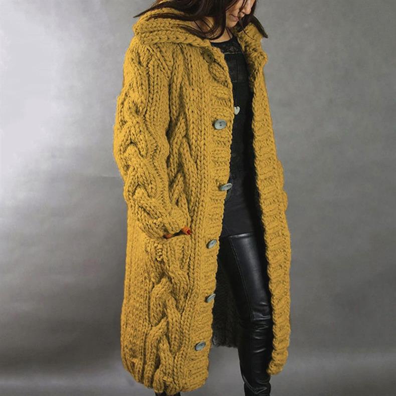 Cárdigan de mujer con capucha y diseño largo, tejido de punto grueso muy cómodo y abrigador para invierno.