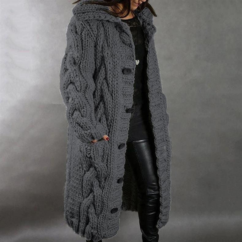Cómodo cárdigan de punto grueso y largo para mujer, con capucha, perfecto para mantener el calor en invierno.