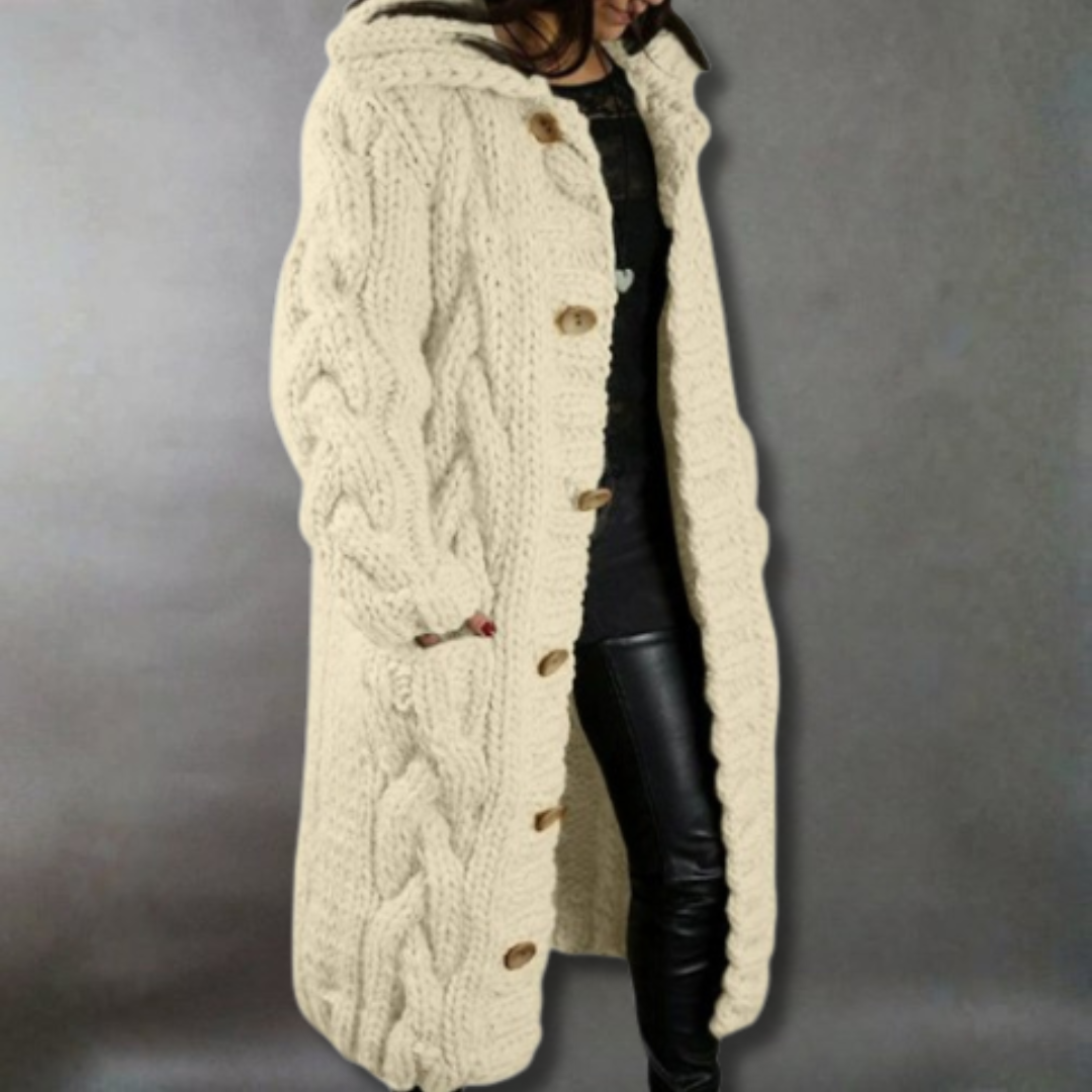 Chaqueta cárdigan larga de punto grueso con capucha para mujer, prenda versátil y cómoda de invierno.