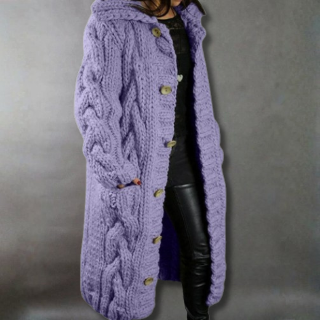 Cárdigan largo de punto grueso para mujer, con capucha. Diseño abrigador y casual para el invierno.