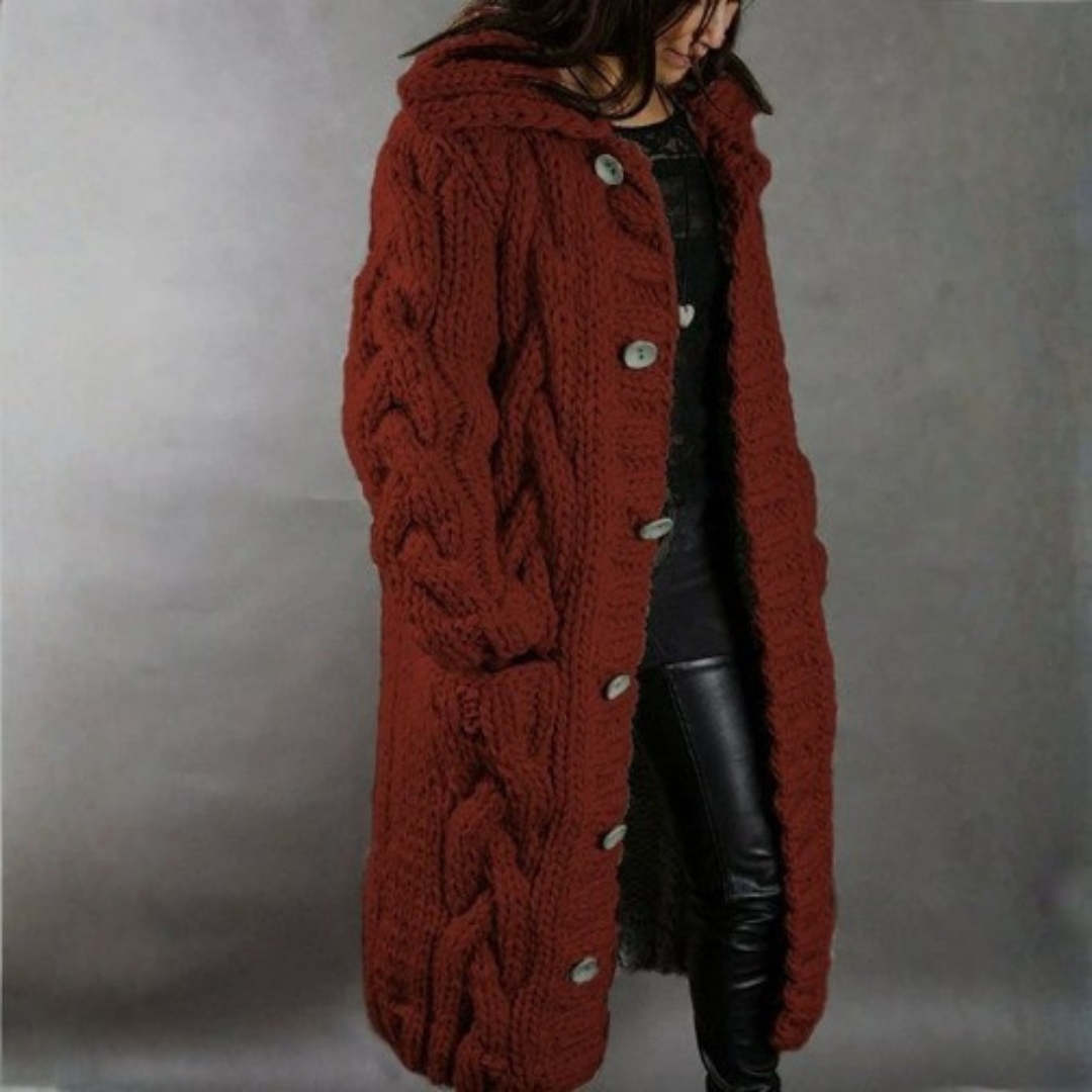 Cárdigan de punto grueso, estilo largo con capucha para mujer. Prenda moderna y cómoda para días fríos.