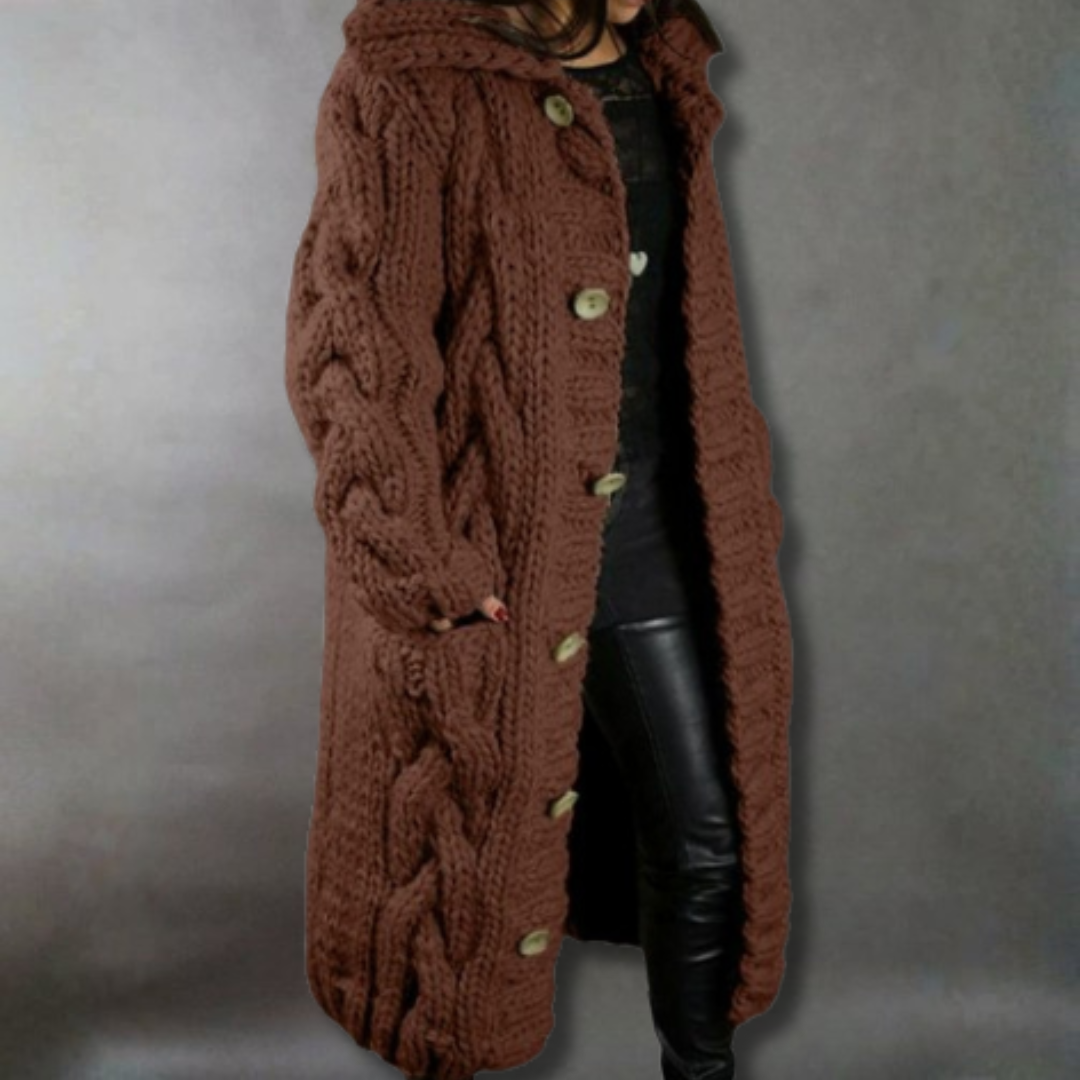 Cárdigan casual de punto grueso con capucha, estilo largo para mujer. Ideal para abrigarse en invierno.