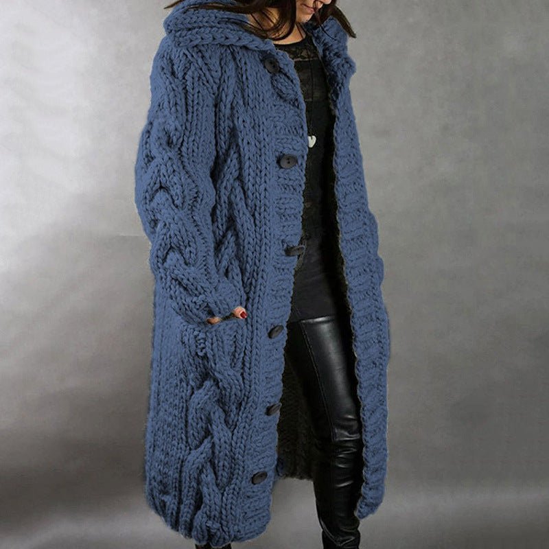 Cárdigan largo de punto grueso con capucha para mujer, estilo casual y cómodo, ideal para invierno.