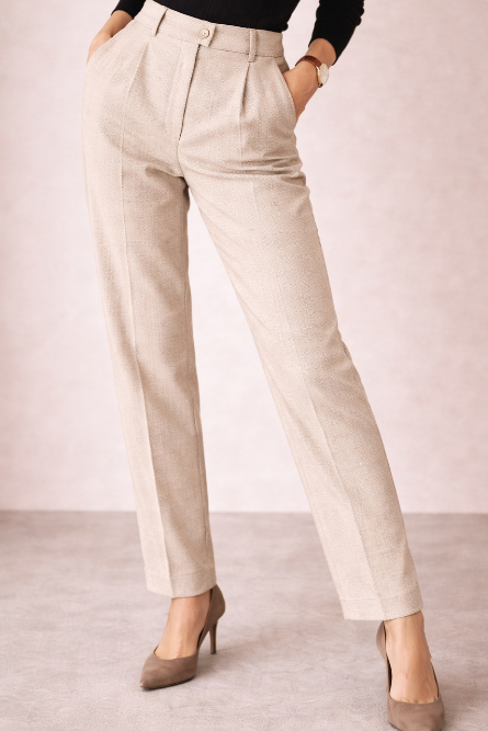 Elegantes pantalones de lana para mujer, tiro alto y pliegues. Perfectos para un look casual de otoño/invierno.
