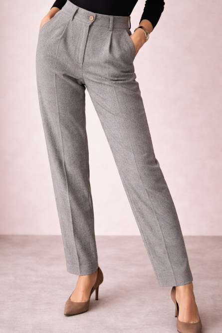 Pantalones de lana cómodos para mujer, con pliegues y tiro alto. Ideales para el invierno, estilo casual-elegante.