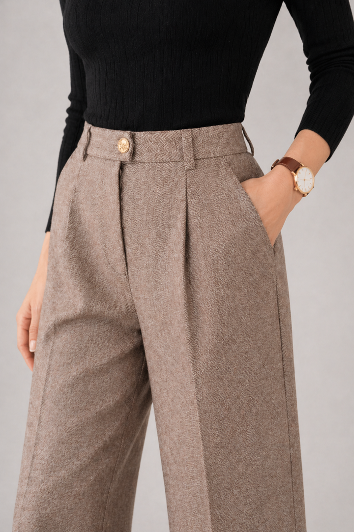 Pantalones de lana de mujer tiro alto, con pliegues. Ideales para un estilo elegante de otoño, brindan comodidad.